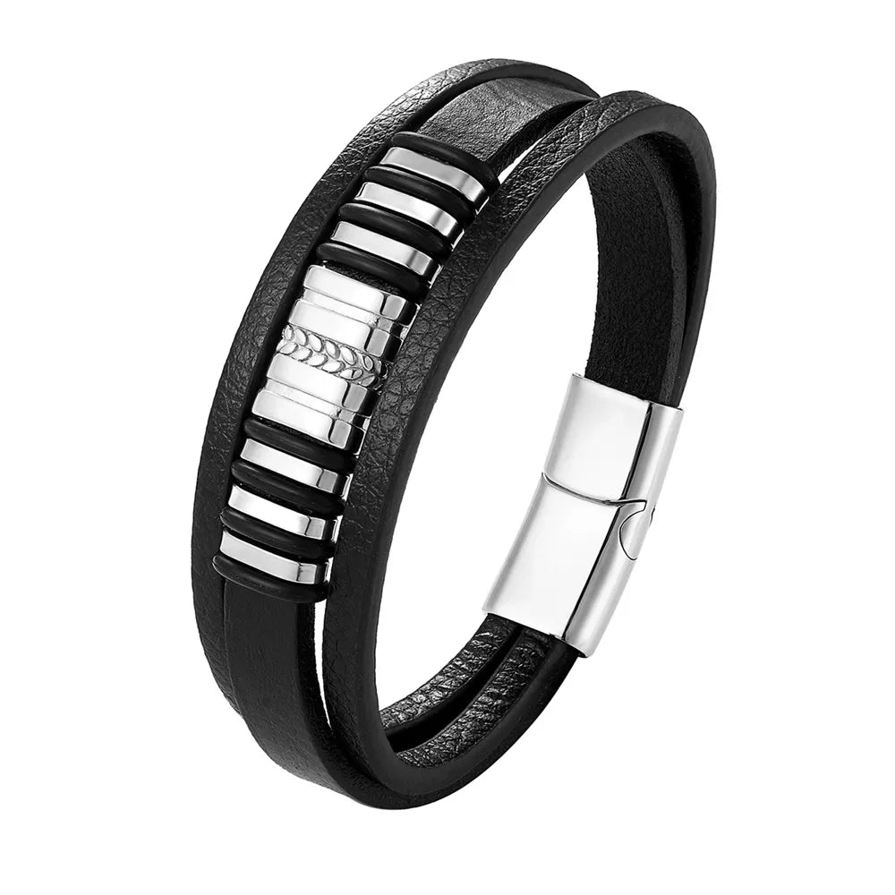 Pulseira Masculina Clássica De Couro Genuíno Com Fecho Magnético - Benjplus 