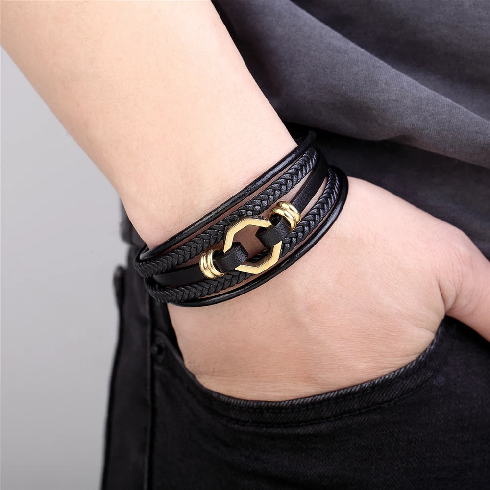 Pulseira Masculina De Couro Com Fecho Magnético - Benjplus 