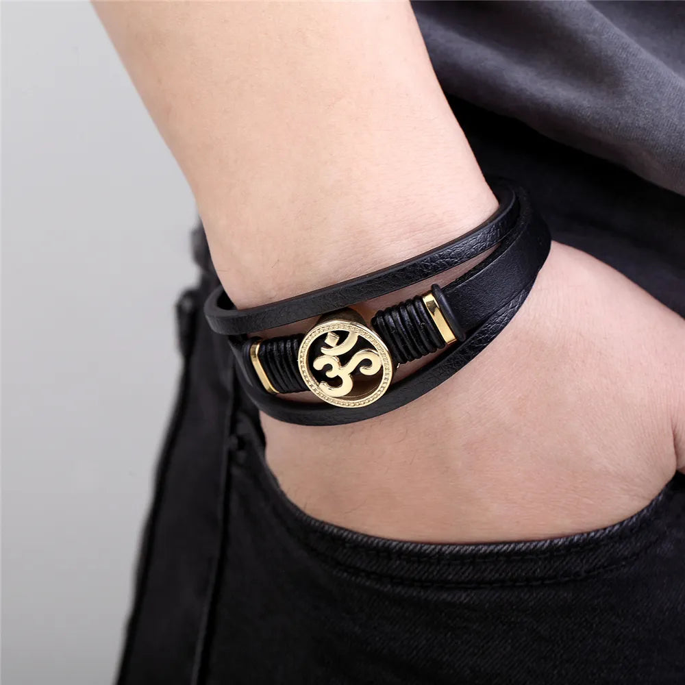 Pulseira Masculina De Couro Genuíno Multicamadas - Benjplus 