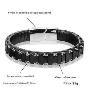 Pulseira Masculina De Couro - Com Fecho Magnético Titanium - Benjplus 