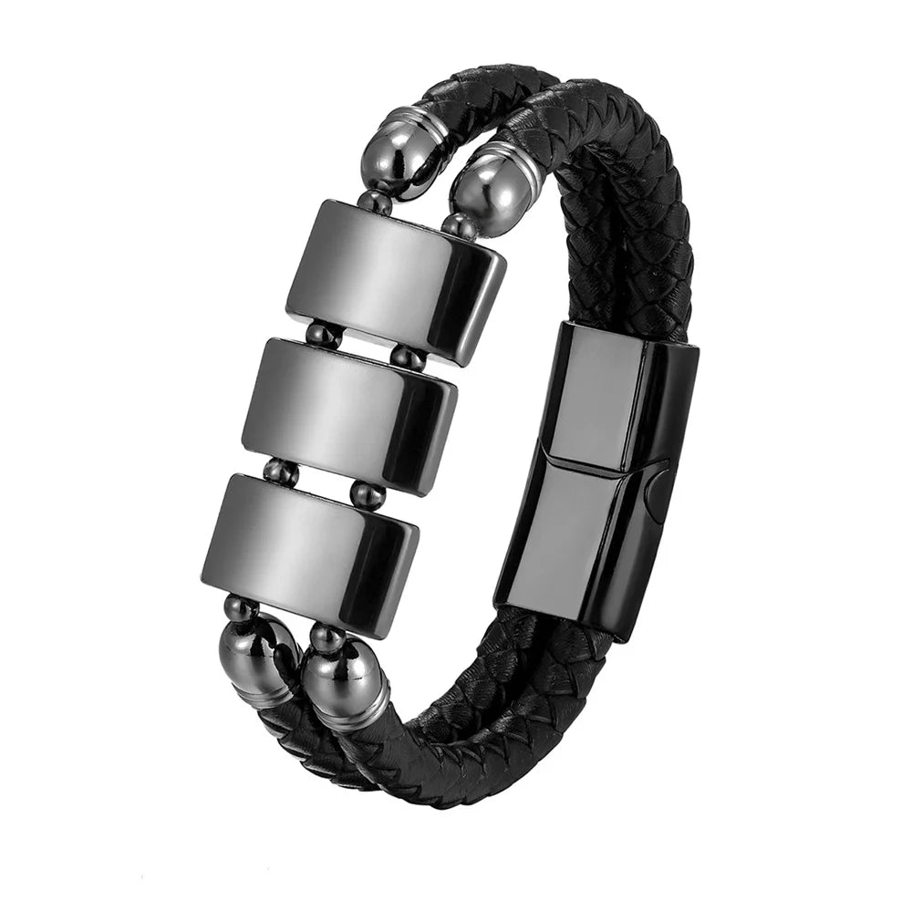 Pulseira Masculina De Couro Genuíno Com Fecho Magnético E Detalhe Em Hematita - Benjplus 