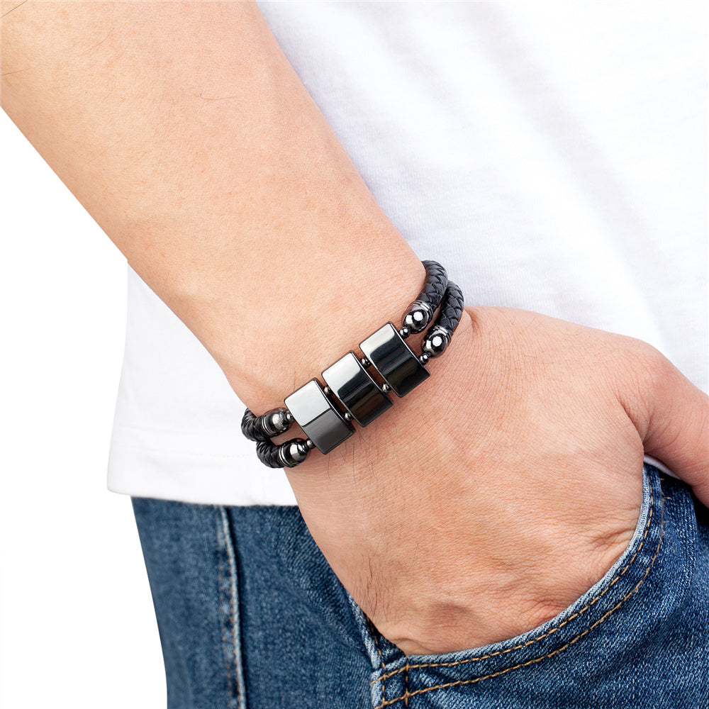 Pulseira Masculina De Couro Genuíno Com Fecho Magnético E Detalhe Em Hematita - Benjplus 